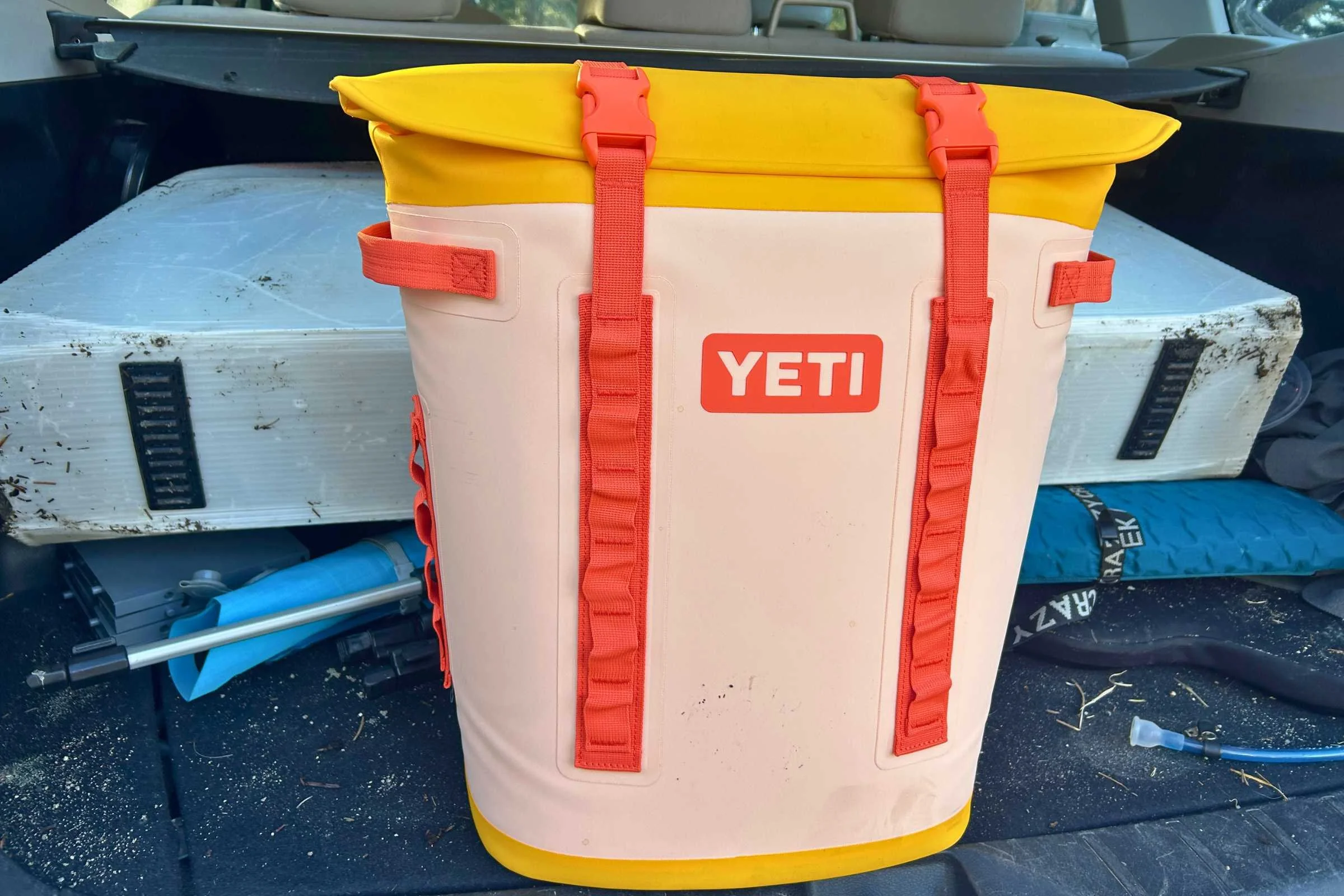 The YETI Hopper M20 2.0 backpack soft cooler in the back of the car after a day of paddling with the Oru folding kayak.