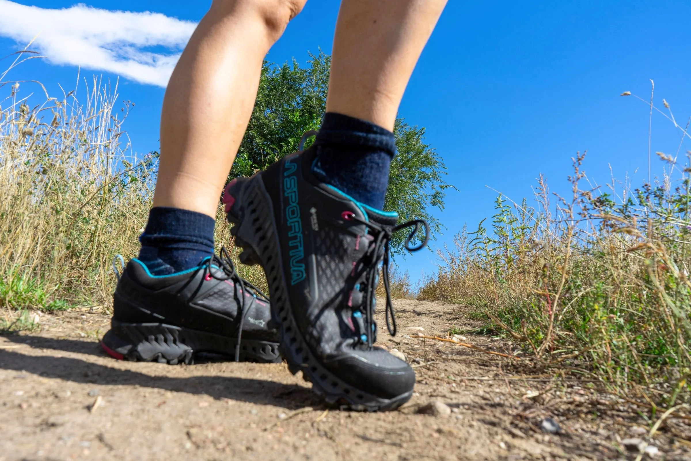 Modeling the La Sportiva Spire GTX hiking boots while out on the trail testing.