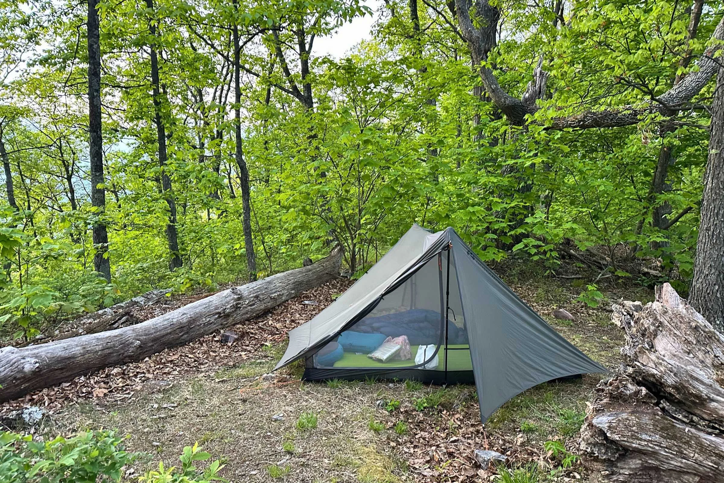 Shelter set up with view of interior of the shelter through the screen door, showcasing the XPED Ultra 6.5R Mummy sleeping pad
