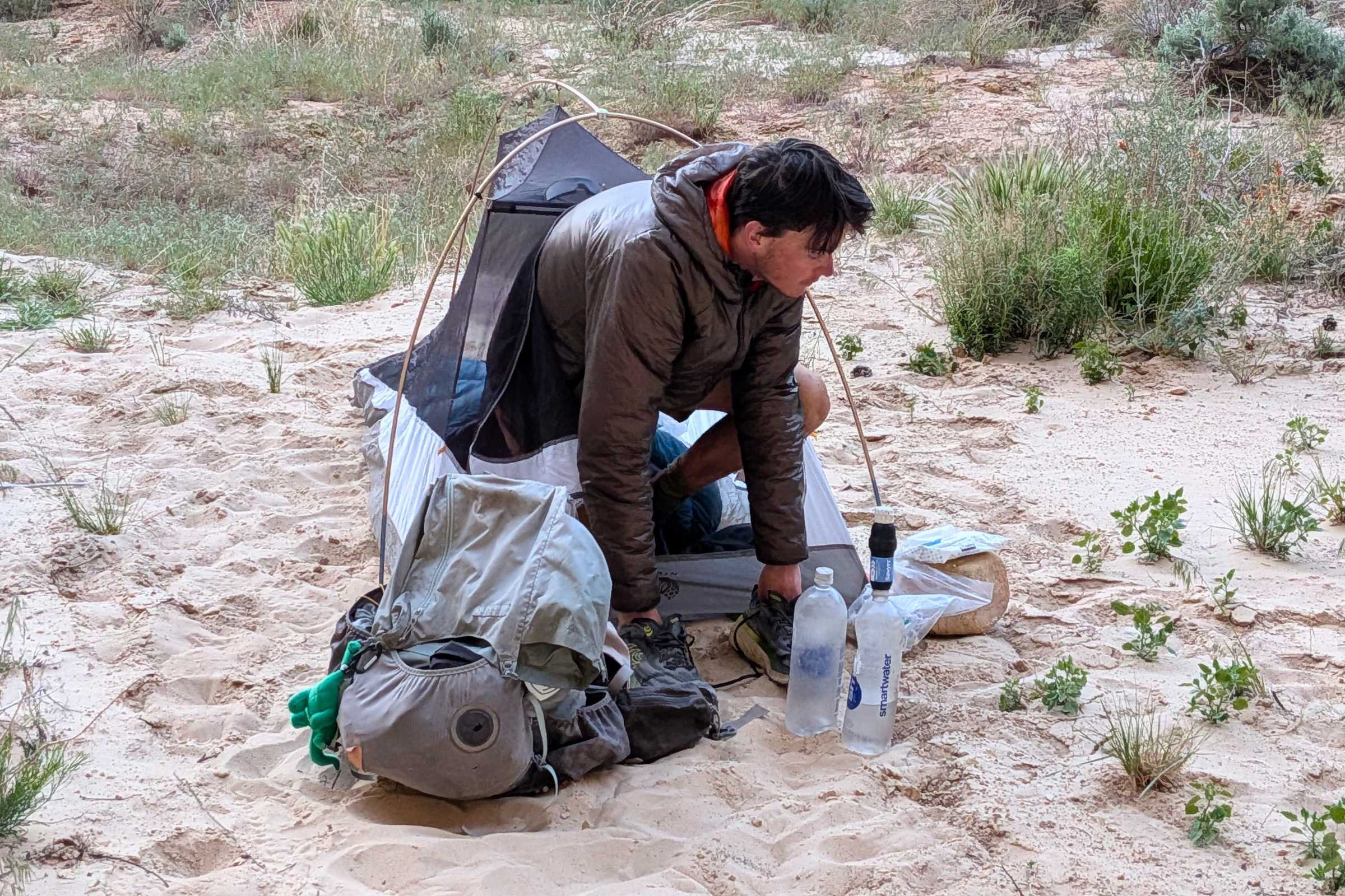 Mountain Hardwear Nimbus UL tent pitched in desert wind