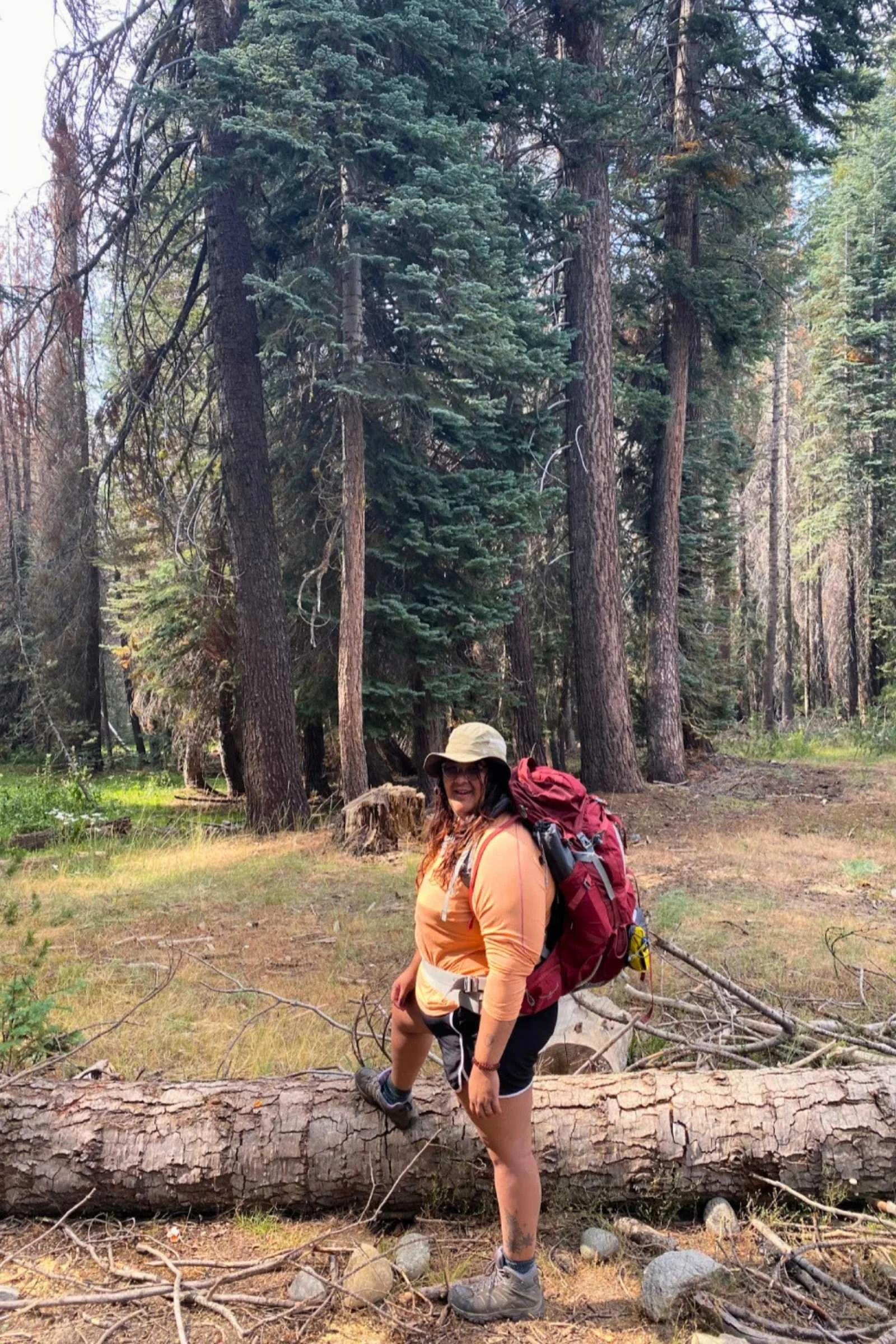 Woman backpacking in forest