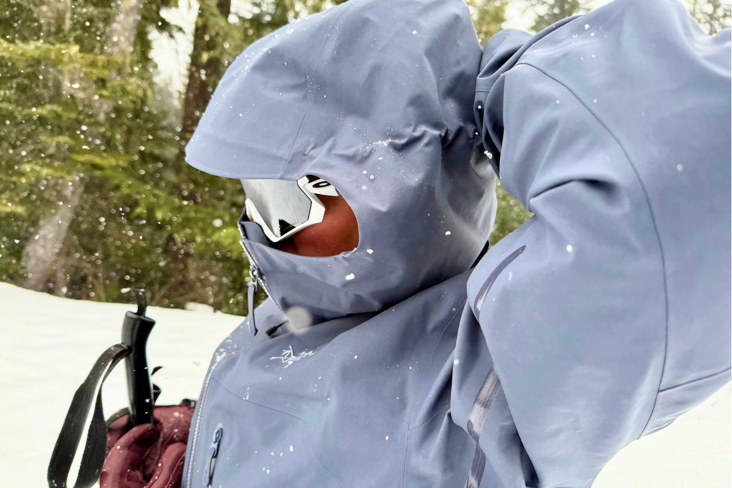 It’s a lot of hood without a helmet, but you can cinch it down so it still feels secure and protective in bad weather.
