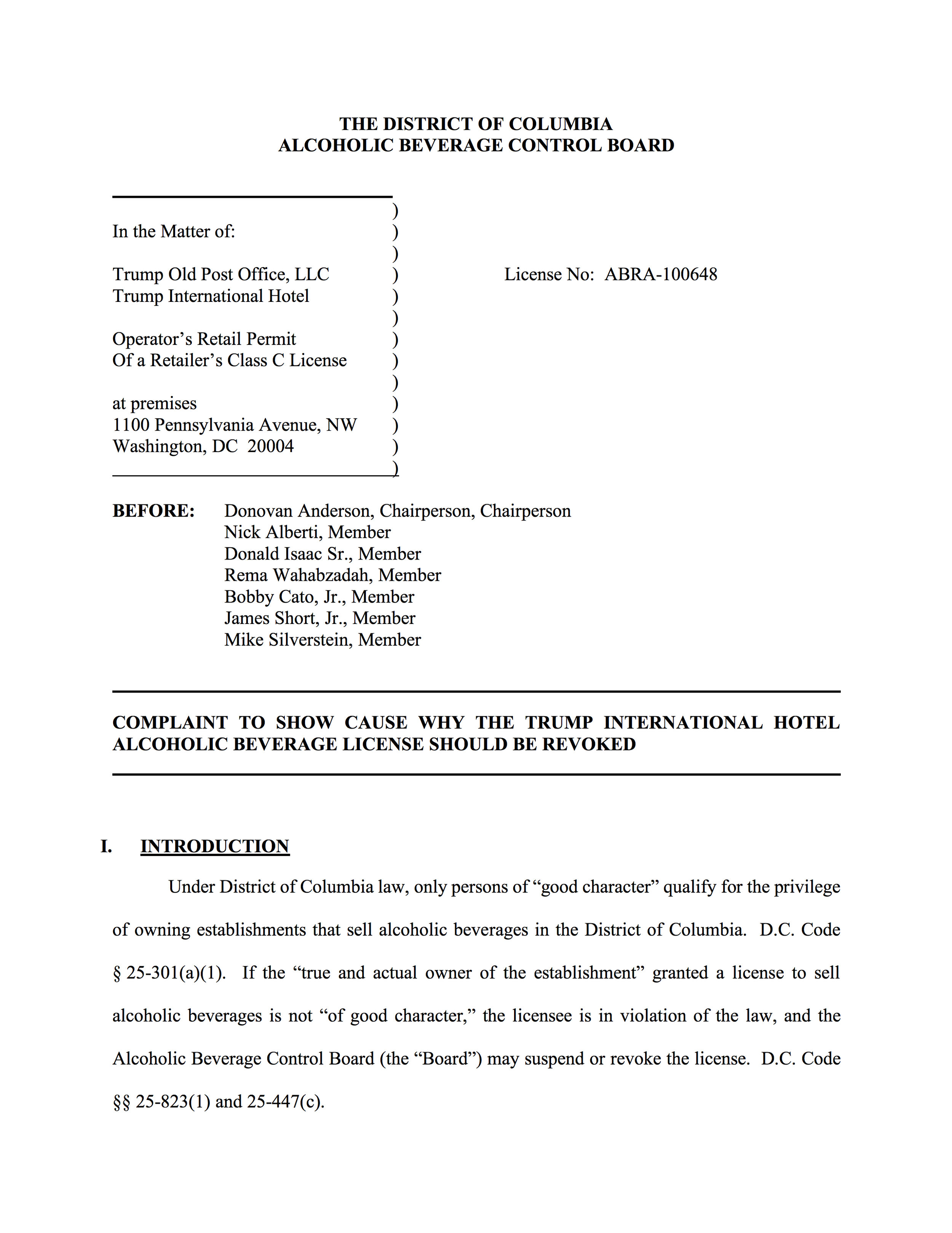 A compendium of concerns The cover sheet of the 27-page complaint filed with the Alcoholic Beverage Regulatory Administration June 20, 2018. Click here to view the entire document.