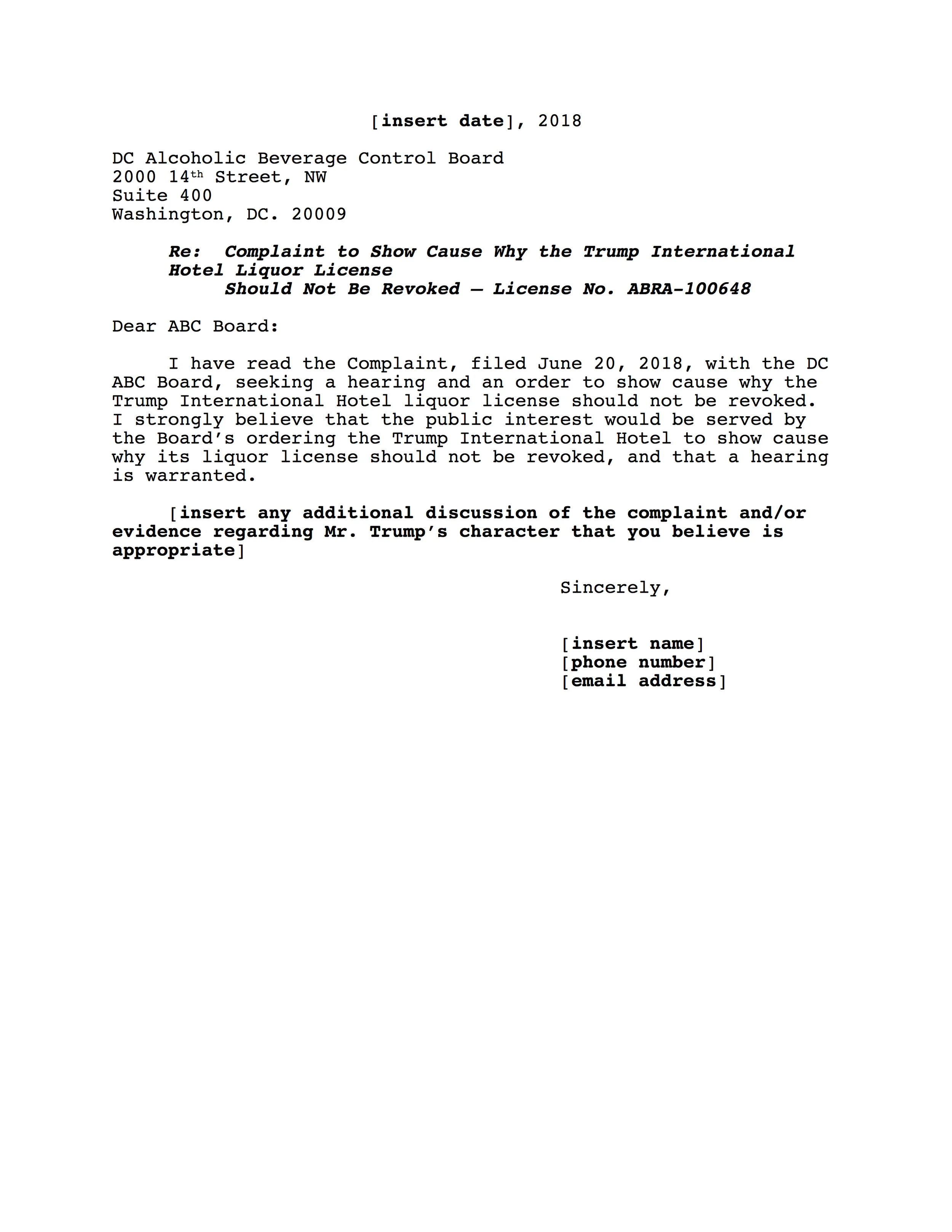 CLICK HERE for a sample letter to submit to ABRA Board members.