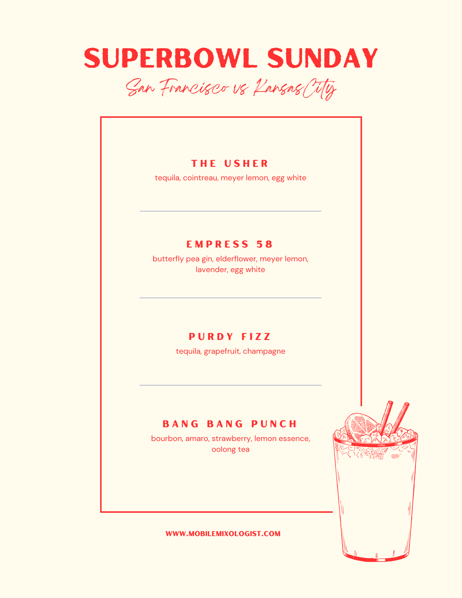 Superbowl Sunday drink menu featuring four cocktails: The Usher, Empress 58, Purdy Fizz, and Bang Bang Punch, with a line drawing of a cocktail glass with lemon slices, ice, and straws.
