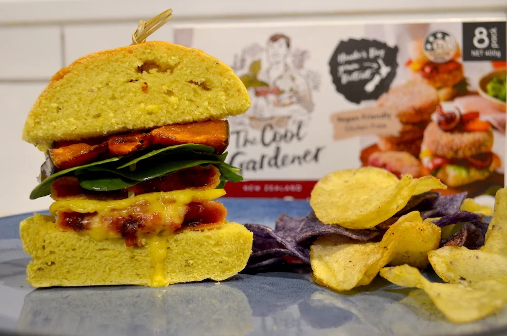 This delicious burger is made using the Cool Gardners new Beetroot and Feta patties - made with Angel Food Dairy-Free Feta!