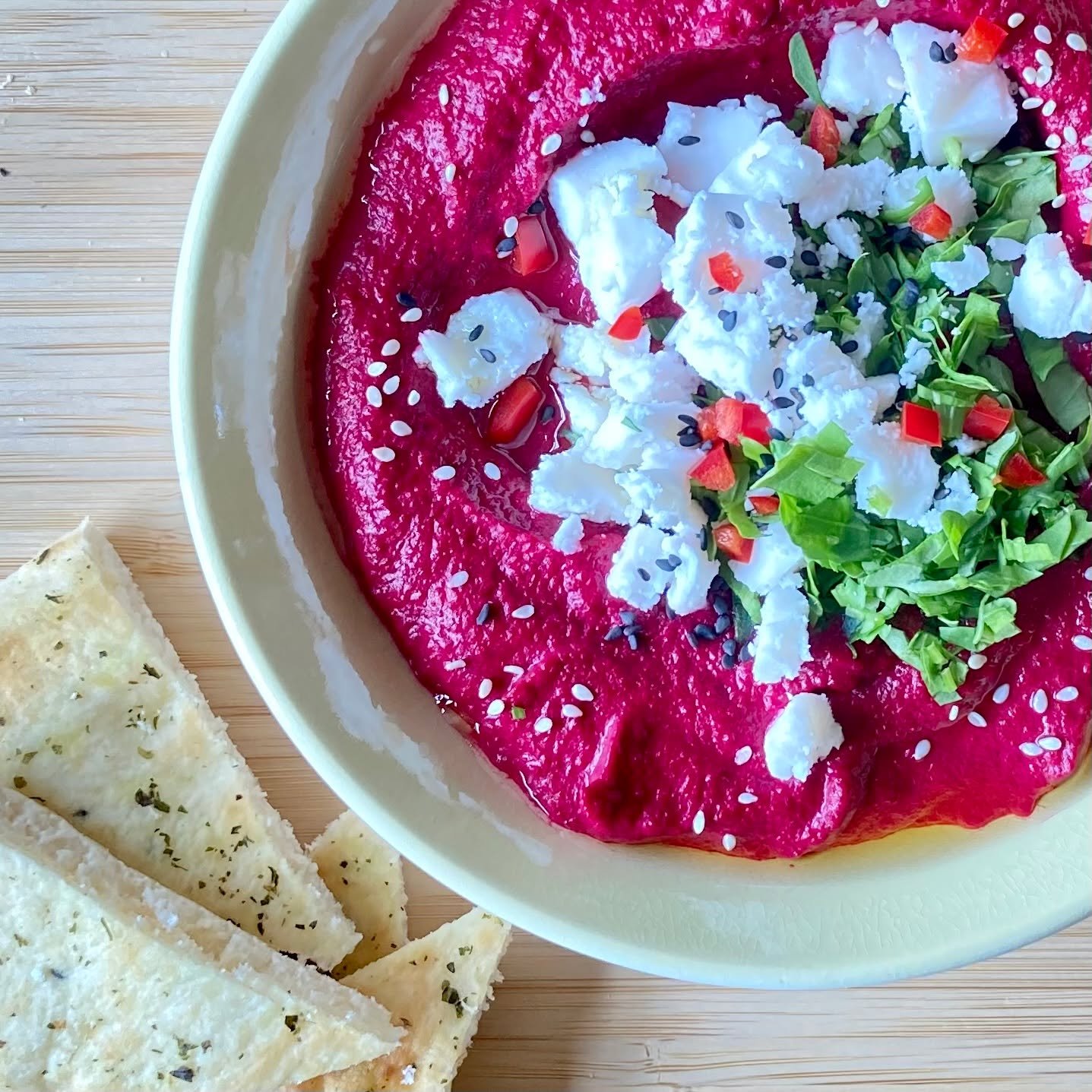 How utterly gorgeous is this hot pink hummus?! We're loving it on bagels, on salad or scooped up with a cos lettuce leaf. Pairs up a treat with our feta, just sayin' :-) 😀🥂🌱🧀 #nofomo #MadeInNZ #vegancheese #plantbasedfood #eggfree #dairyfree #new