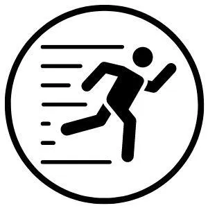 Icon of a person running with lines indicating speed, inside a circle.