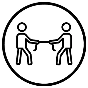 Two stick figures holding a jump rope together within a circular border.