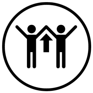 Icon of two people with arms raised, standing inside a circle, with an upward arrow between them indicating celebration or achievement.