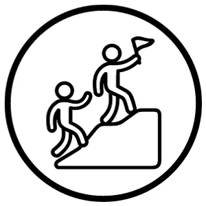 Outline of two people climbing a steep incline, with one person helping the other, inside a circular border.