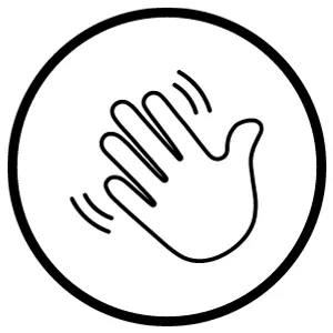 Simple black and white icon of a waving hand inside a circle.