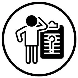 A person scratching their head next to a clipboard with a question mark and a checklist.