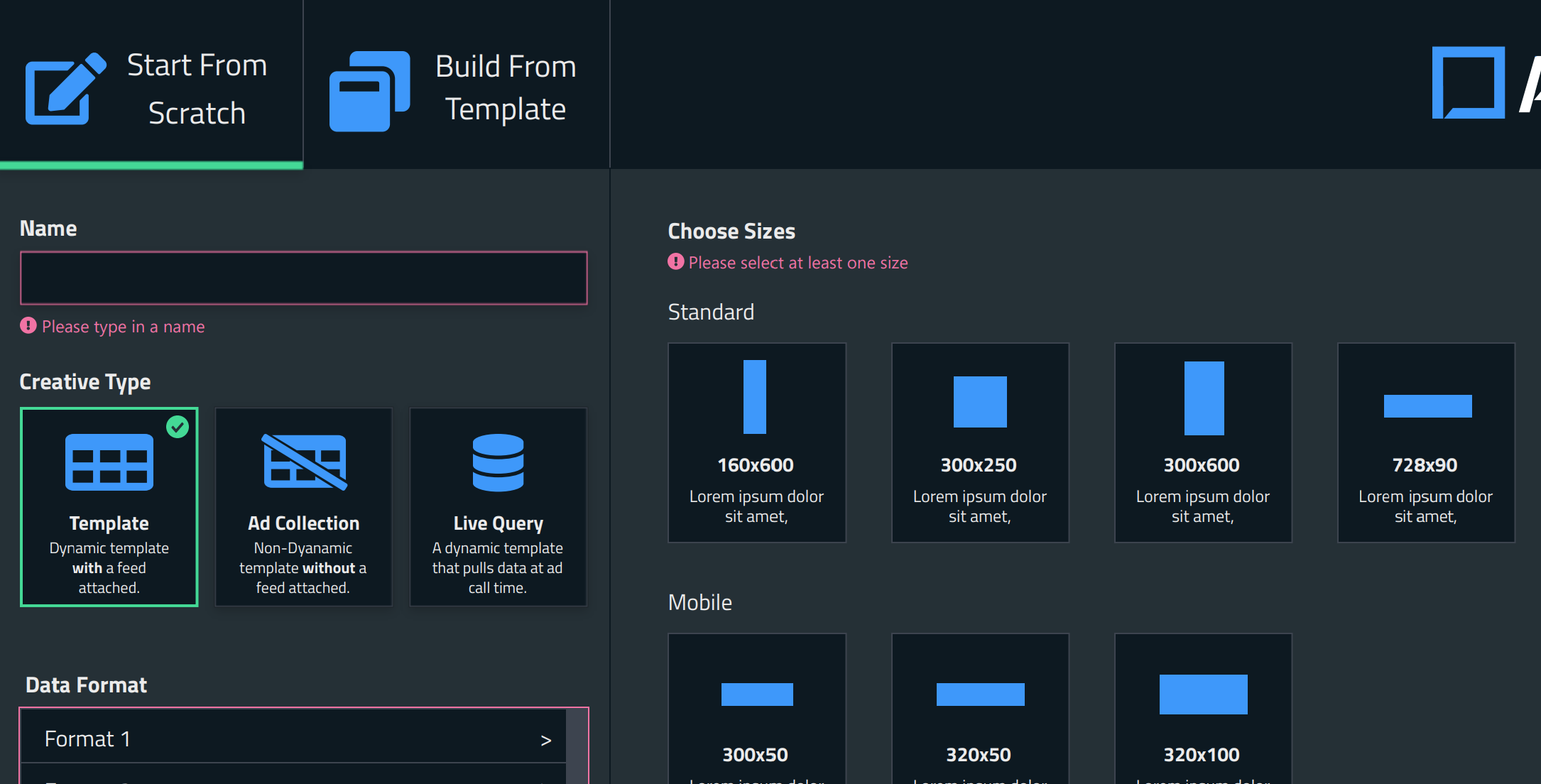 Screenshot of a wireframe to represent the Advanse AdStudio Redesign project.