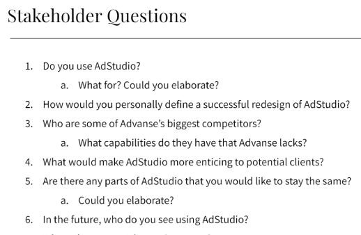 Screenshot of user interview questions from Google Docs