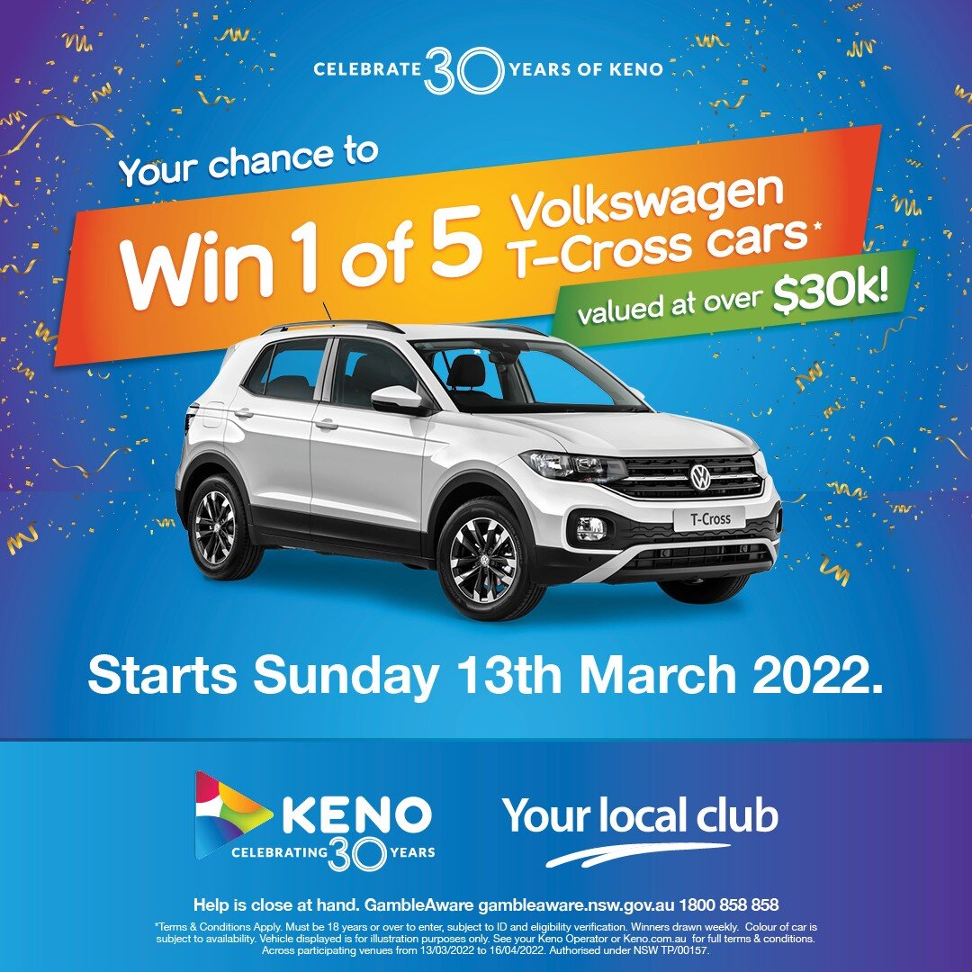 😎🥳😎 KENO: WIN 1 OF 5 VOLKSWAGENS 😎🥳😎
Starting Sunday Mar 13th Musicians Club Members have a chance to WIN a brand new Volkswagen T-Cross every week for 5 weeks. 1 Car drawn every week thanks to KENO. To enter simply purchase a $10 Keno Ticket a