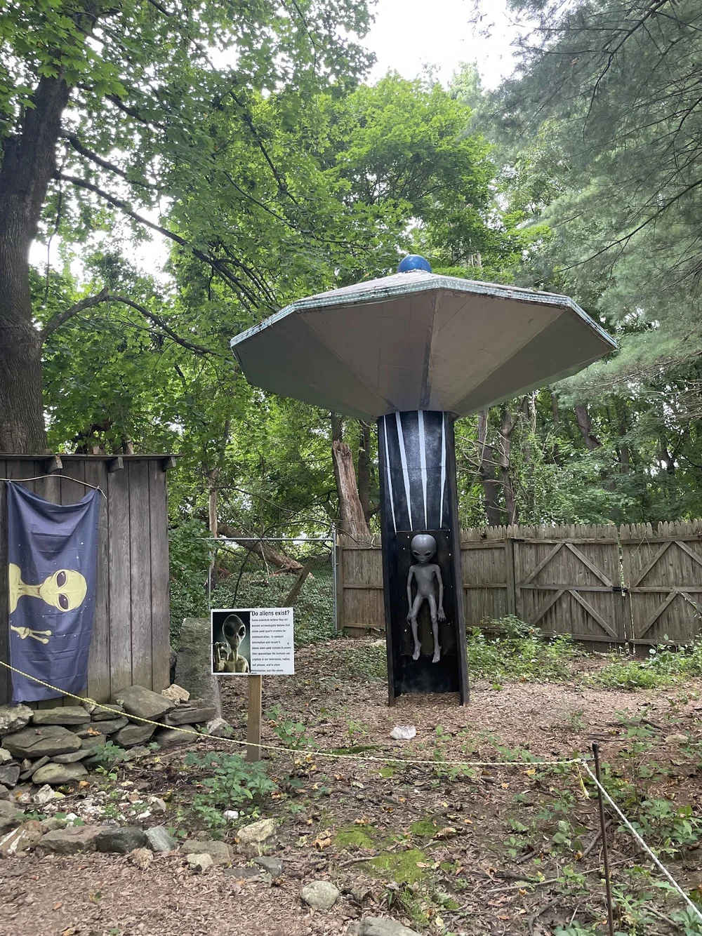 An alien lands in the dinosaur forest behind the Rock Fossil &amp; Dinosaur shop