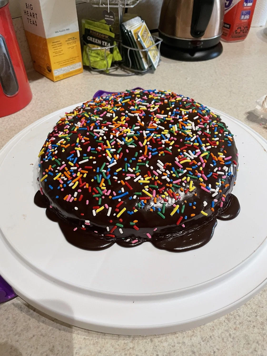 chocolate depression cake covered in rainbow sprinkles