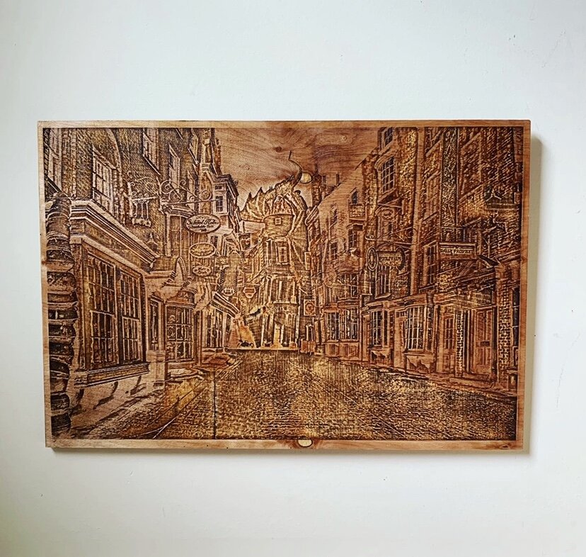   Diagon Alley,  laser etch on birch plywood     