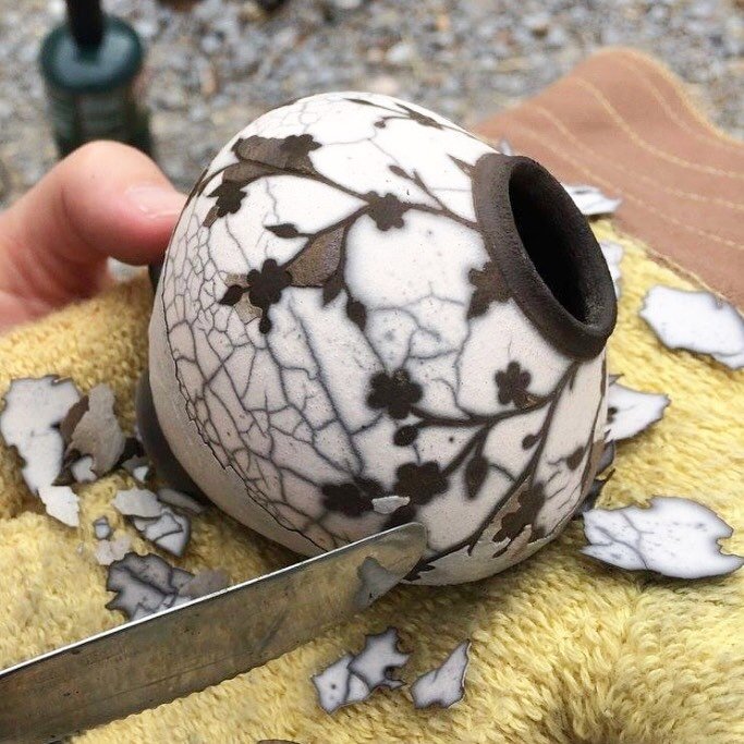 When naked raku is fired just right the resist layer peels off like an egg shell.