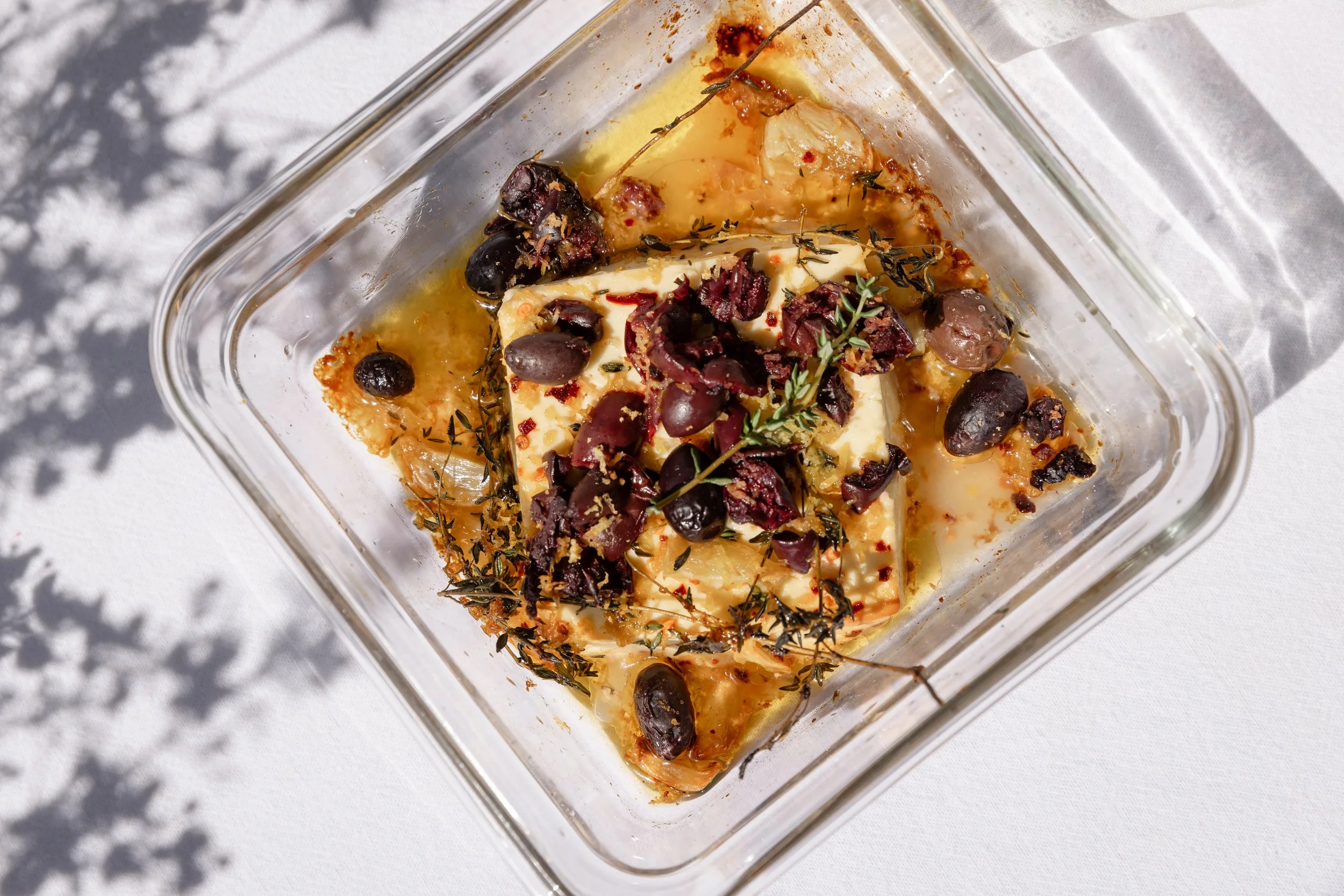 Baked feta with thyme, honey and Grumpy Grandma's smoked olives