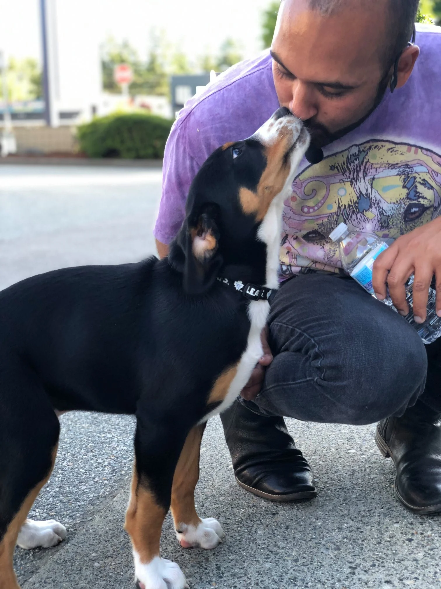 Chirag sharing a tender moment in the parking lot with one of the puppies in attendance. Photo credit goes to Bonnie Hartney, a fellow Academy grad who hosted the workshop at her training school Ocean Park Dog Training