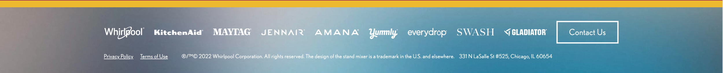 Image of a website banner displaying multiple brand logos including Whirlpool, KitchenAid, Maytag, JennAir, Amana, Yummly, everydrop, SWASH, and Gladiator, with a Contact Us button and legal links at the bottom.