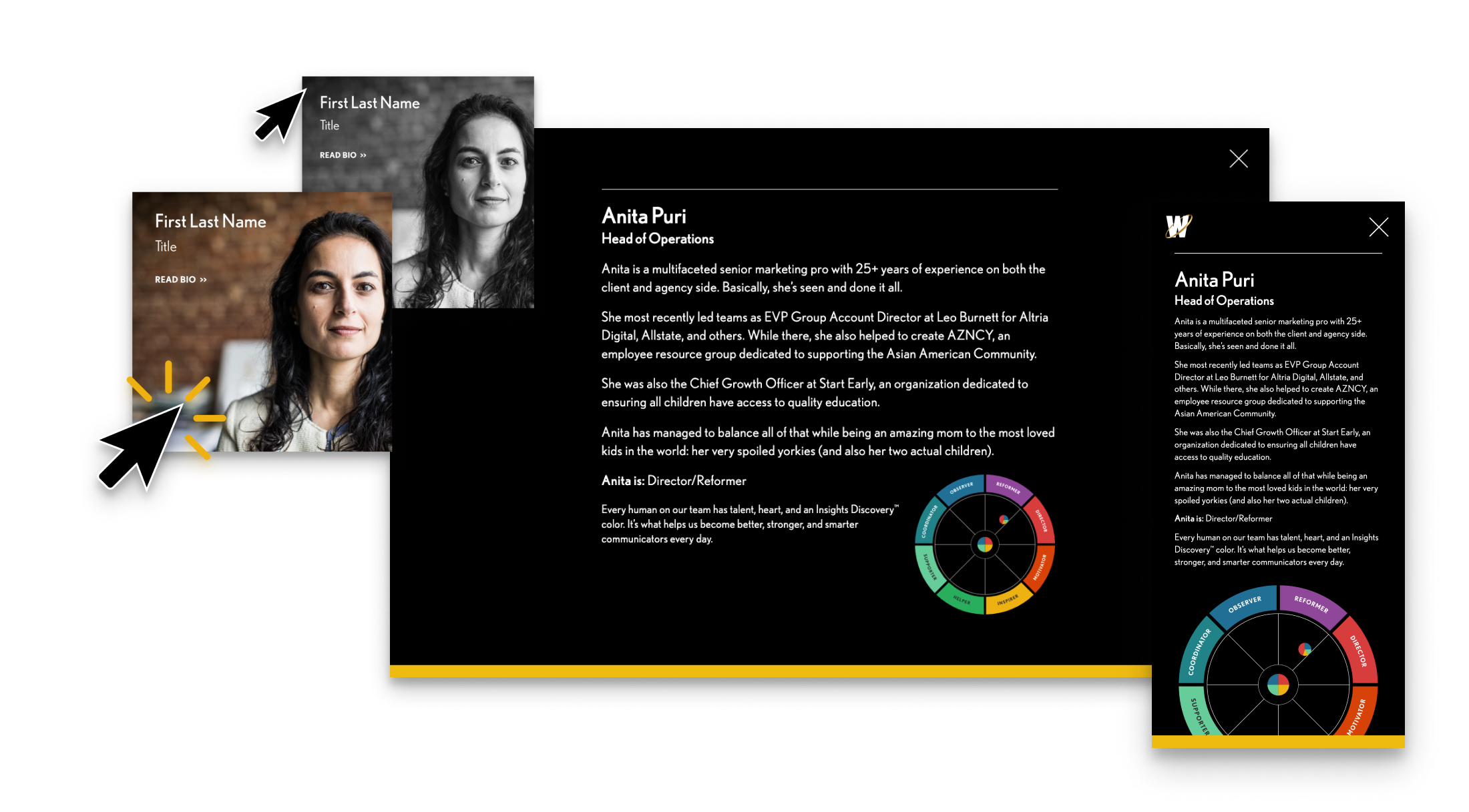 Digital profile cards of women, including one with a black-and-white photo, name Anita Puri, and professional details, with colorful graphical elements.