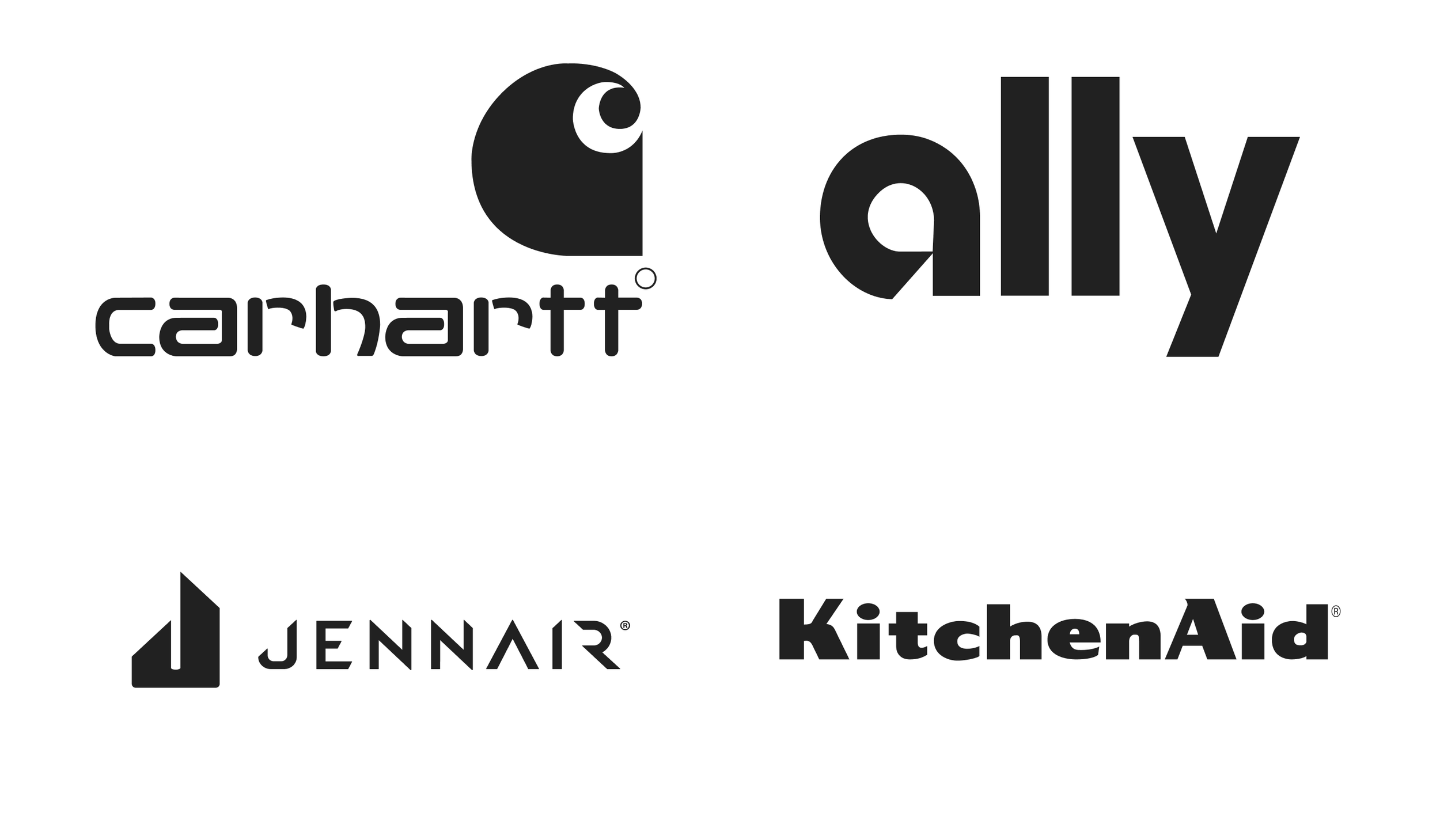 Collage of four black and white logos: Carhartt with a stylized 'C' forming a bear's face, Alibaba with its text, Jennair with a geometric icon and text, KitchenAid with bold text.