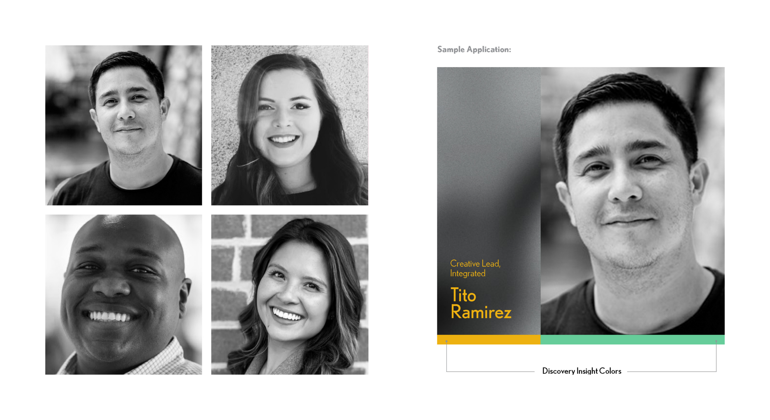 A collage of five black and white headshots of diverse individuals, with a section of colorful design and text indicating a professional profile.