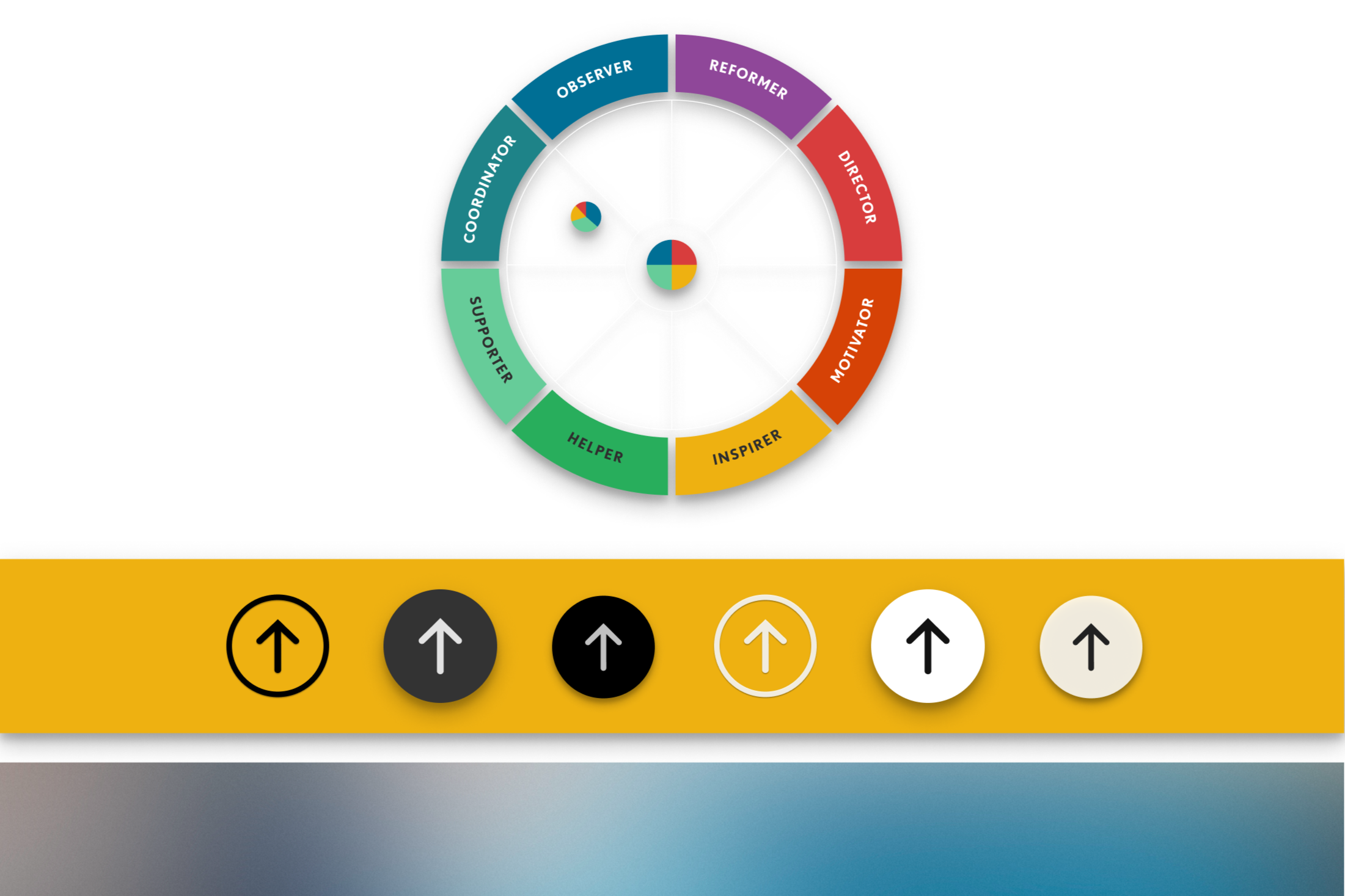 Color wheel with segments labeled 'Coordinator,' 'Supporter,' 'Helper,' 'Inspier,' 'Motivator,' 'Director,' 'Reformer,' 'Observer,' and a small pie chart in the center.