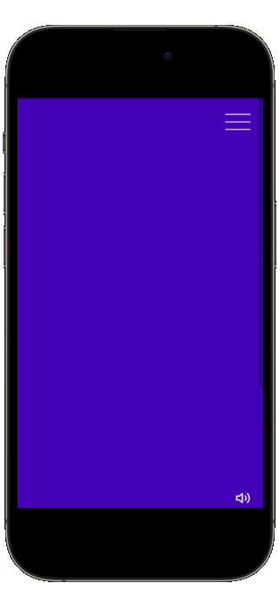 A smartphone screen displaying a mostly purple app interface with a hamburger menu icon in the top right corner and a volume icon in the bottom right corner.