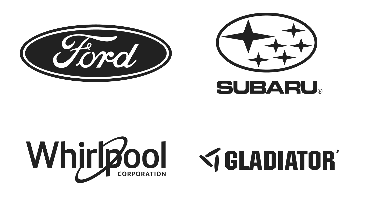 Logos of Ford, Subaru, Whirlpool, and Gladiator.