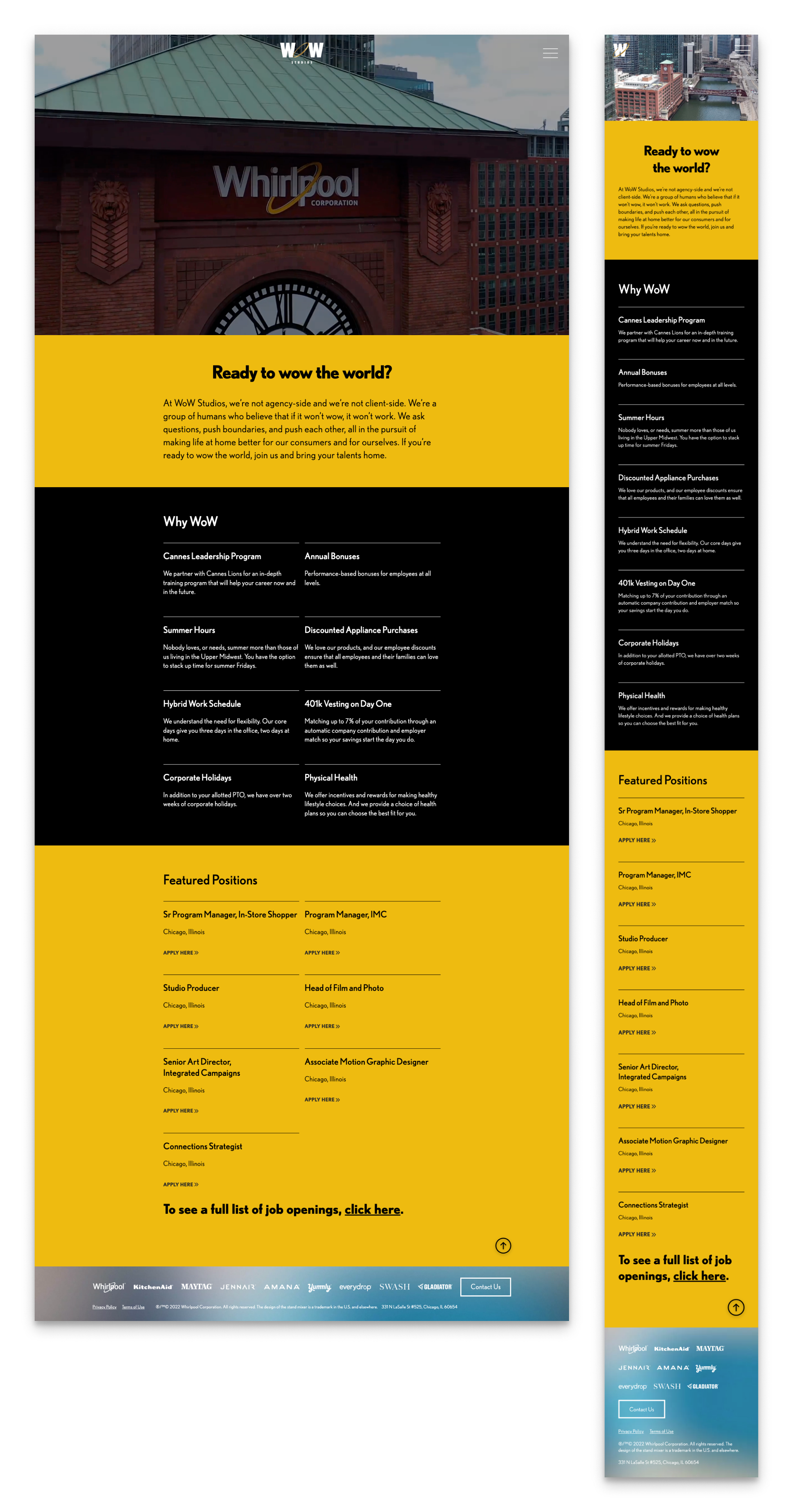 Webpage for Whirlpool Corporation featuring a large photo of a building with a clock tower and the Whirlpool logo, and sections with information about job opportunities, programs, and benefits, with a yellow and black color scheme.
