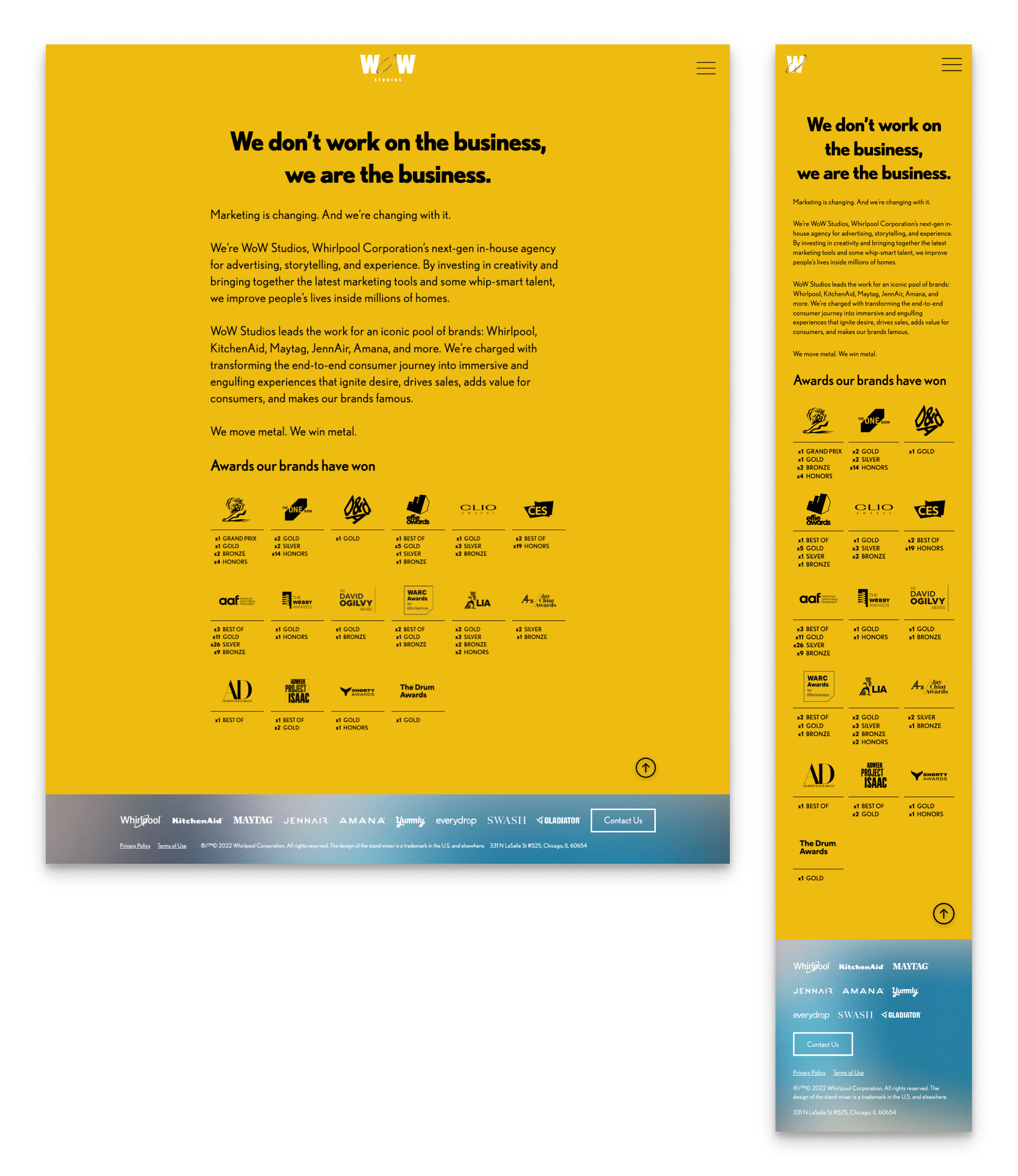 Web page and mobile view of a marketing agency's website with a yellow background, black bold headline, and logos of various awards and brands at the bottom.