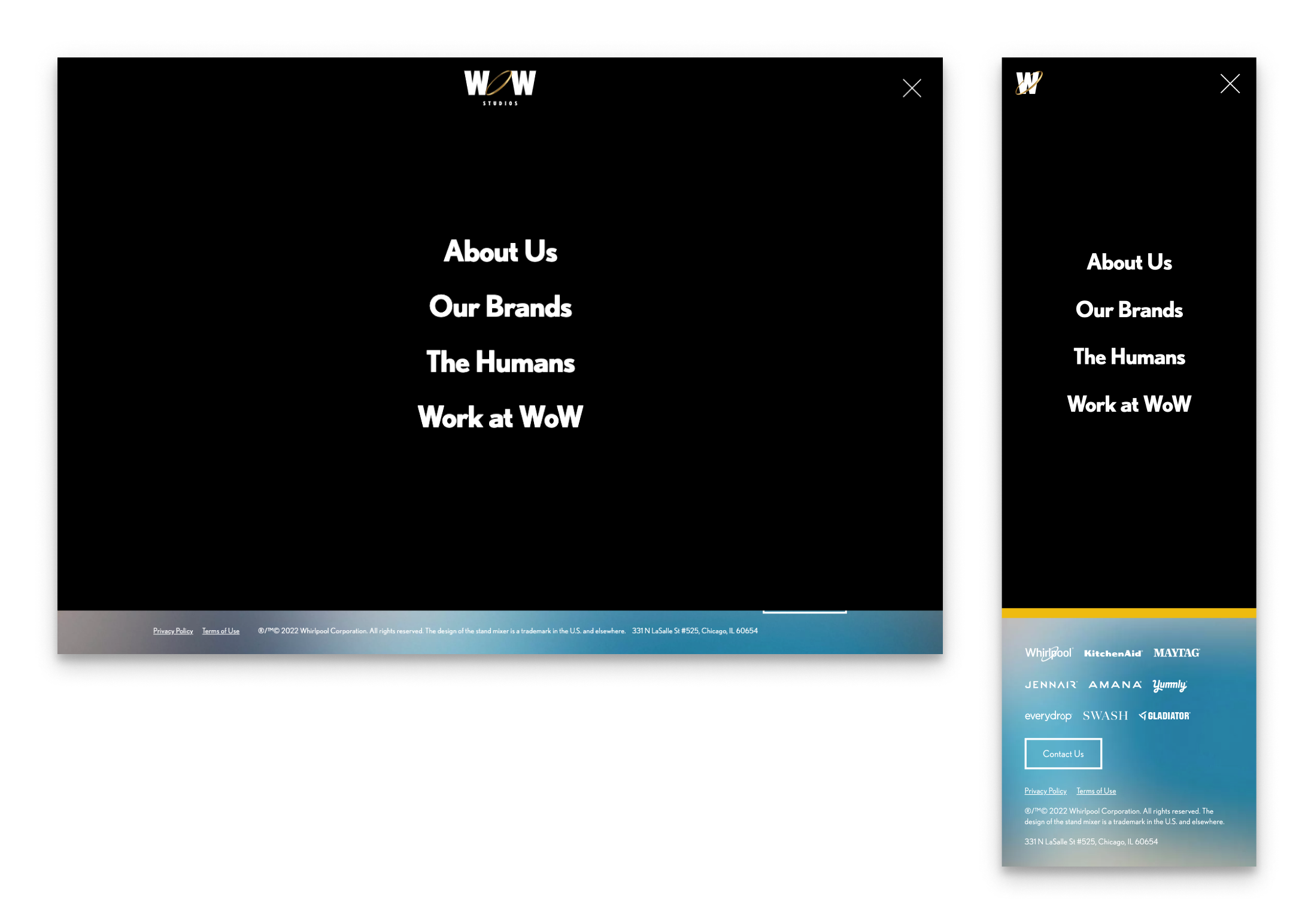 Screenshots of website menus with sections titled About Us, Our Brands, The Humans, Work at WoW, and logos of various brands