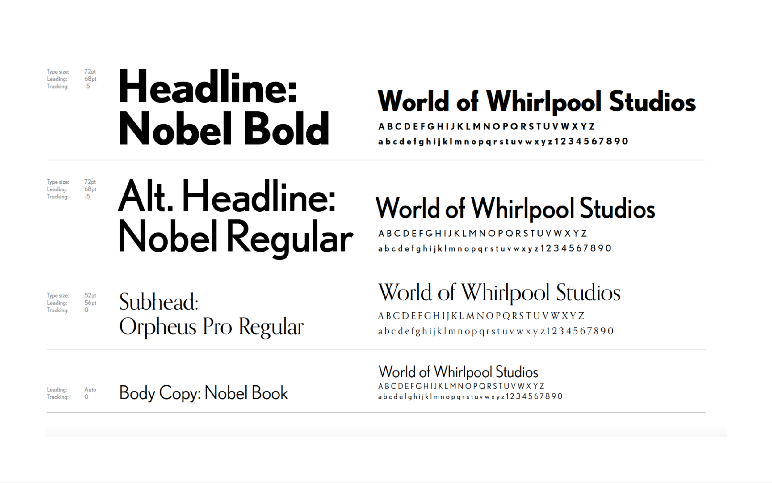 Typography sample sheet showing font styles and sizes, including bold, regular, and subheadings for different text elements.