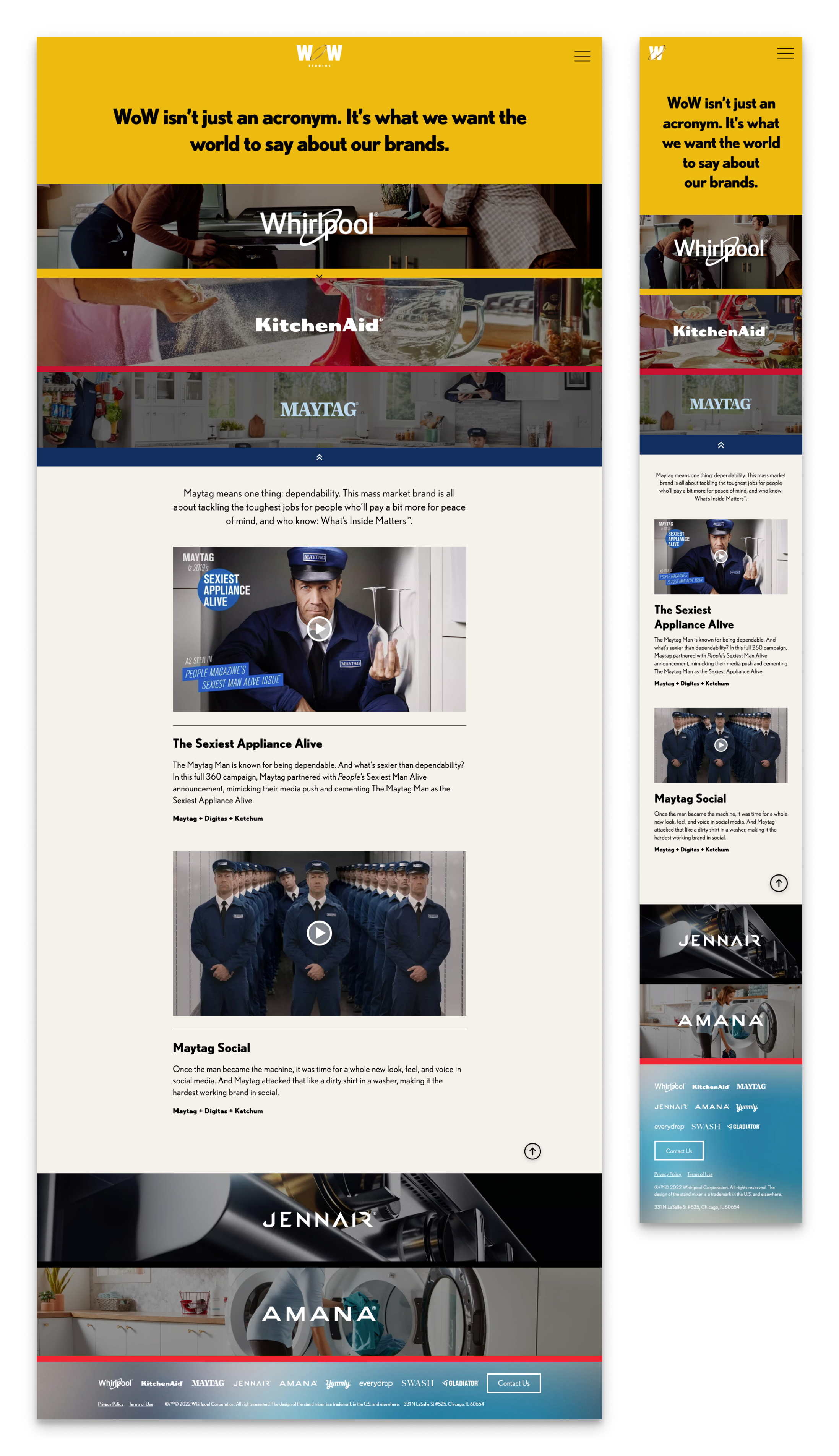 A mobile webpage showcasing various brand logos, images of a man in a uniform, a washing machine, and laundry, with a yellow header and black text.