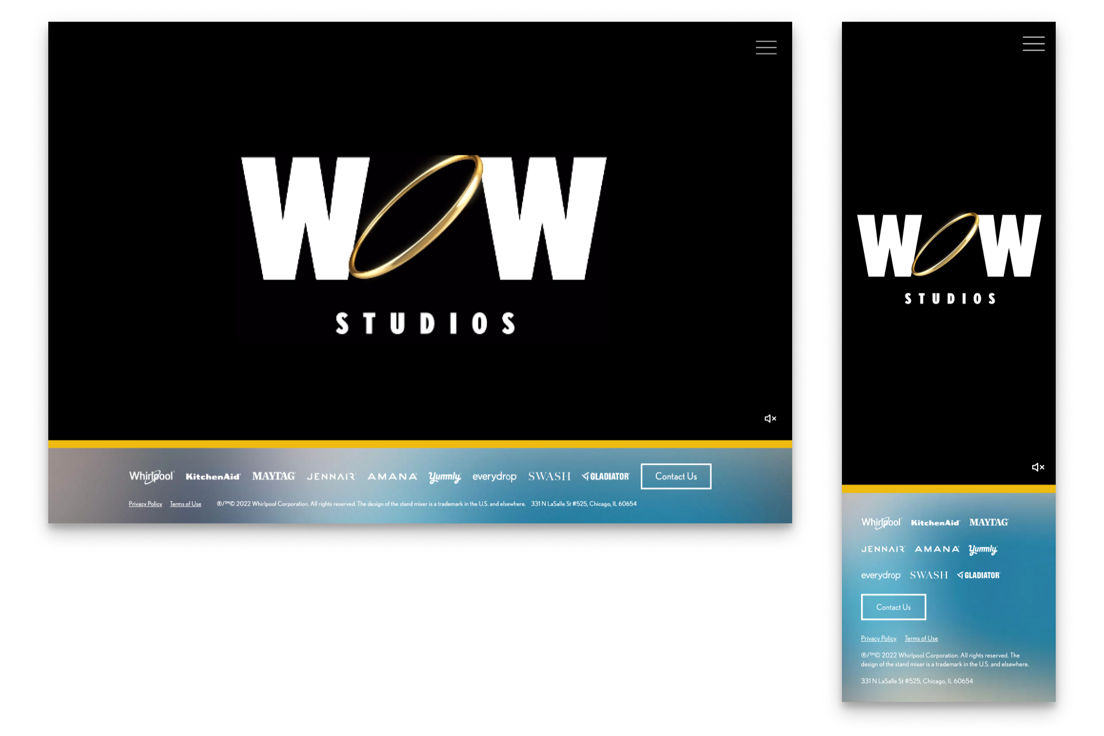 Website homepage for WOW Studios featuring a black background with the WOW Studios logo in large white text with a gold halo on the 'O'. The footer displays logos of brands such as Whirlpool, KitchenAid, MAYTAG, JENNAIR, AMANA, Yummly, and others, along with contact information and policy links.
