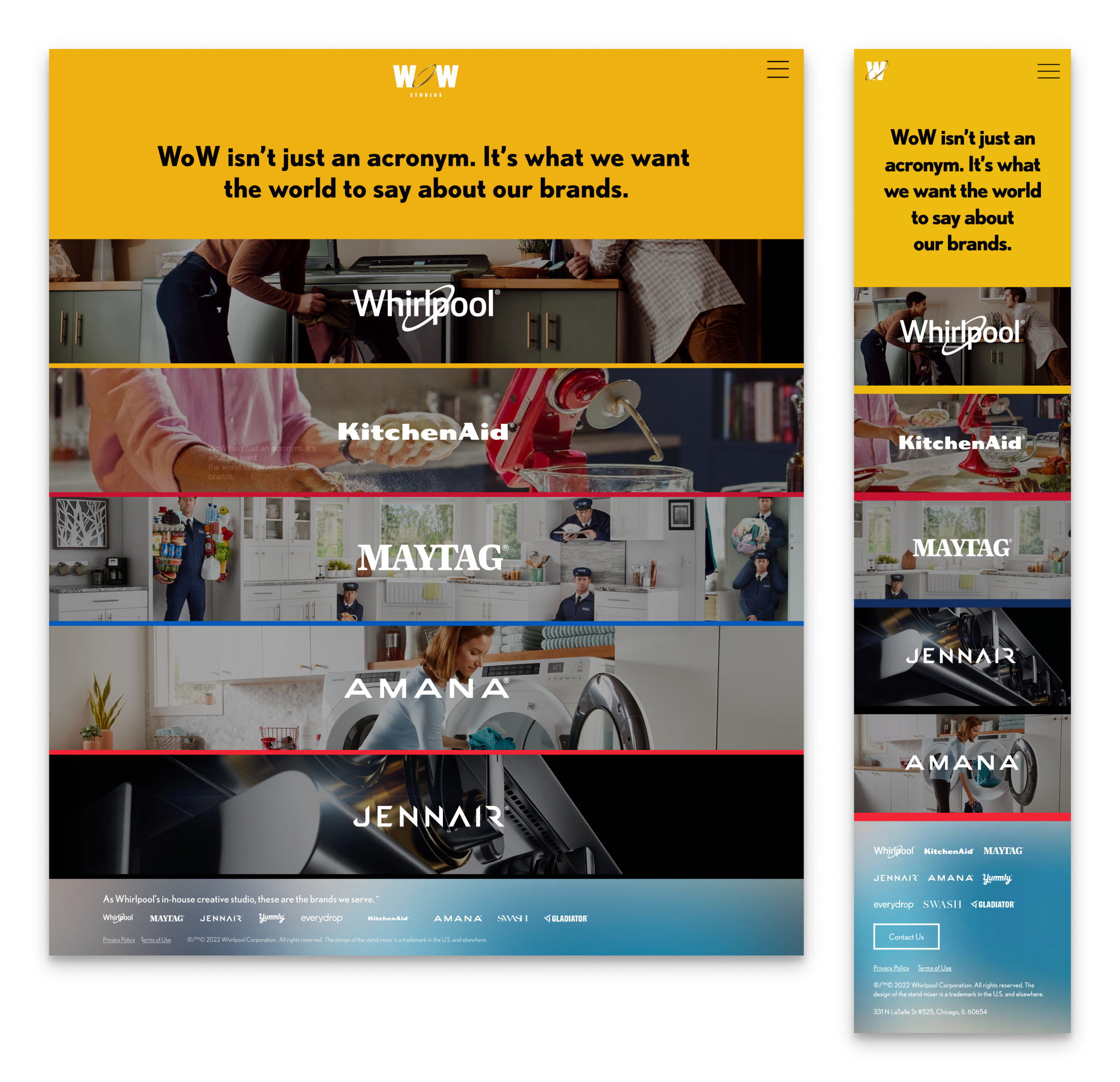 Screenshot of a website homepage for WhirlPool Studios featuring various appliance brands such as Whirlpool, KitchenAid, Maytag, JennAir, Amana, Yummly, Everydrop, Gladiator, and JennAir. The design emphasizes a creative studio concept with a tagline about brands they serve.
