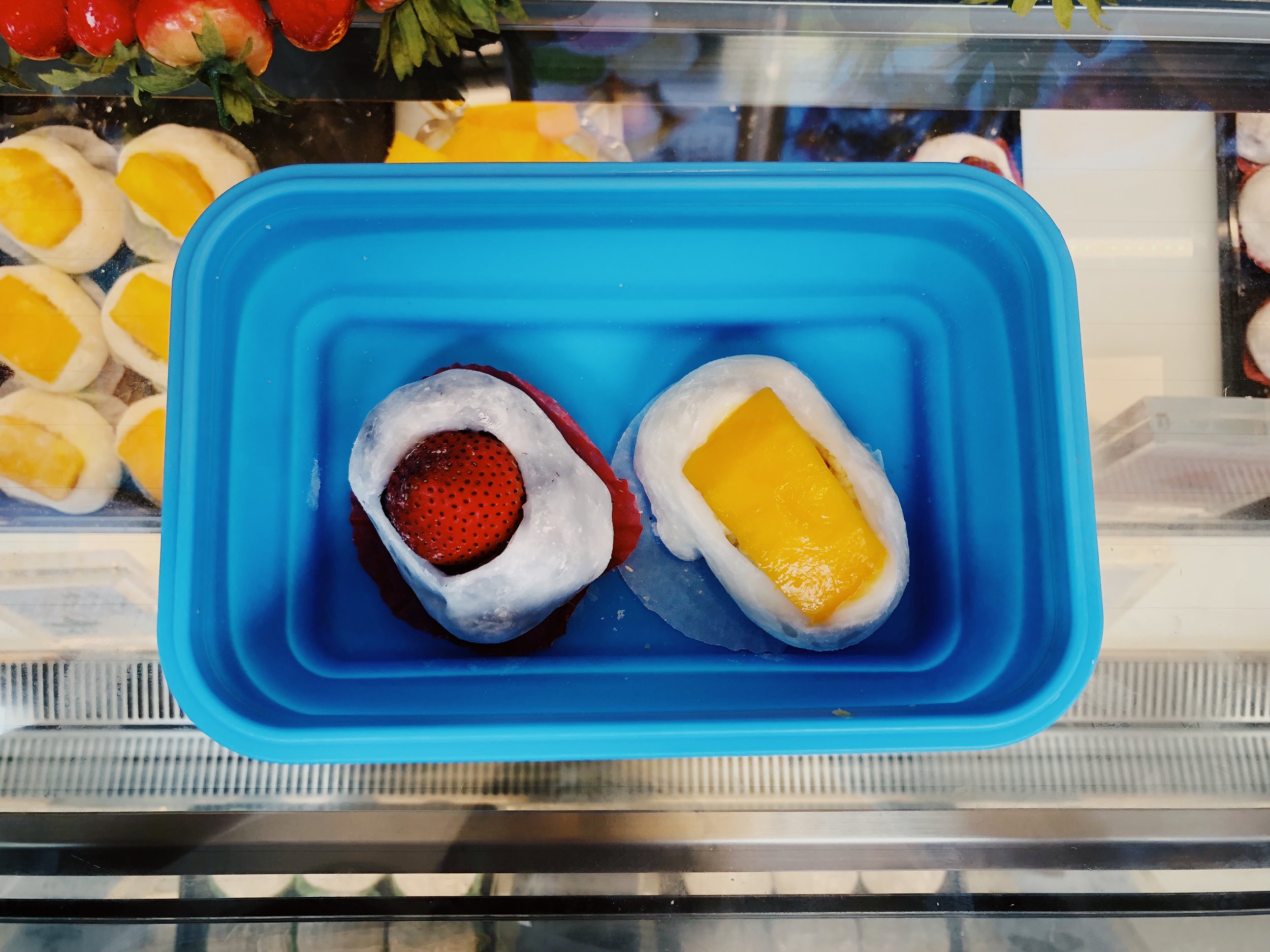 Strawberry and Mango Mochi in my collapsible container
