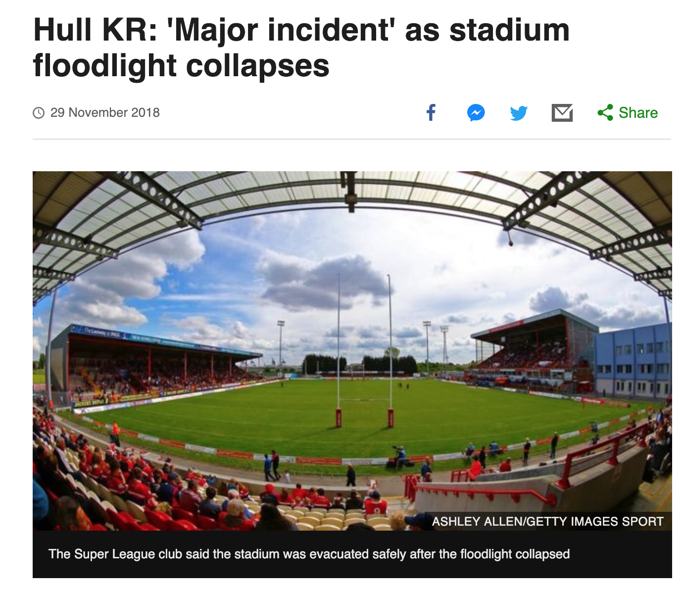 The BBC reported on Hull KR’s crisis management and safe evacuation of the stadium