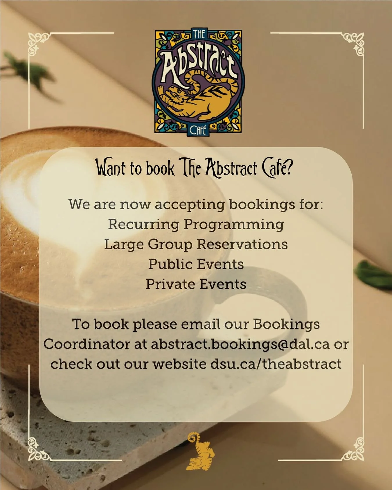 Big news from The Abstract Café! Bookings are OPEN!
Recurring events, big group hangs, or public and private events—we’ve got you covered.
Two ways to book:
📧abstract.bookings@dal.ca
🔗Link in bio
Your event, our space. Let&rsq