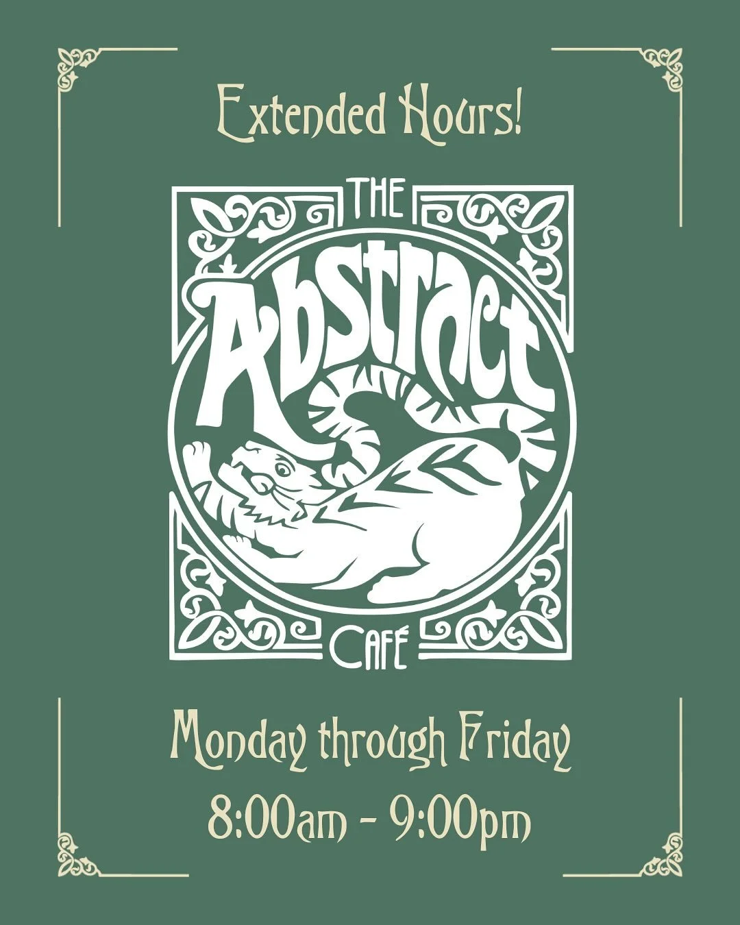 📚☕ Back to class means extended hours at the Abstract! Starting September 23rd we will be open Monday–Friday, 8AM–9PM so you’ve got more time to study, sip, and hang with friends.
The Abstract isn’t just for coffee lovers &m