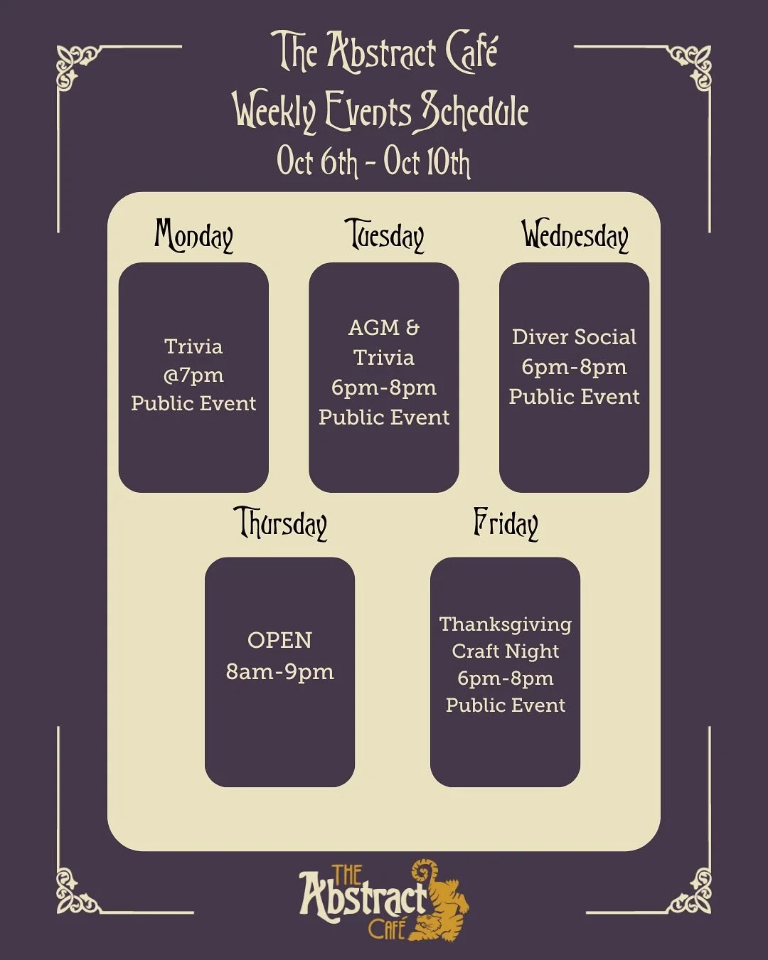 We have an exciting week of events at The Abstract Café! Swipe through to see what’s happening and make sure to come by!
See you there!