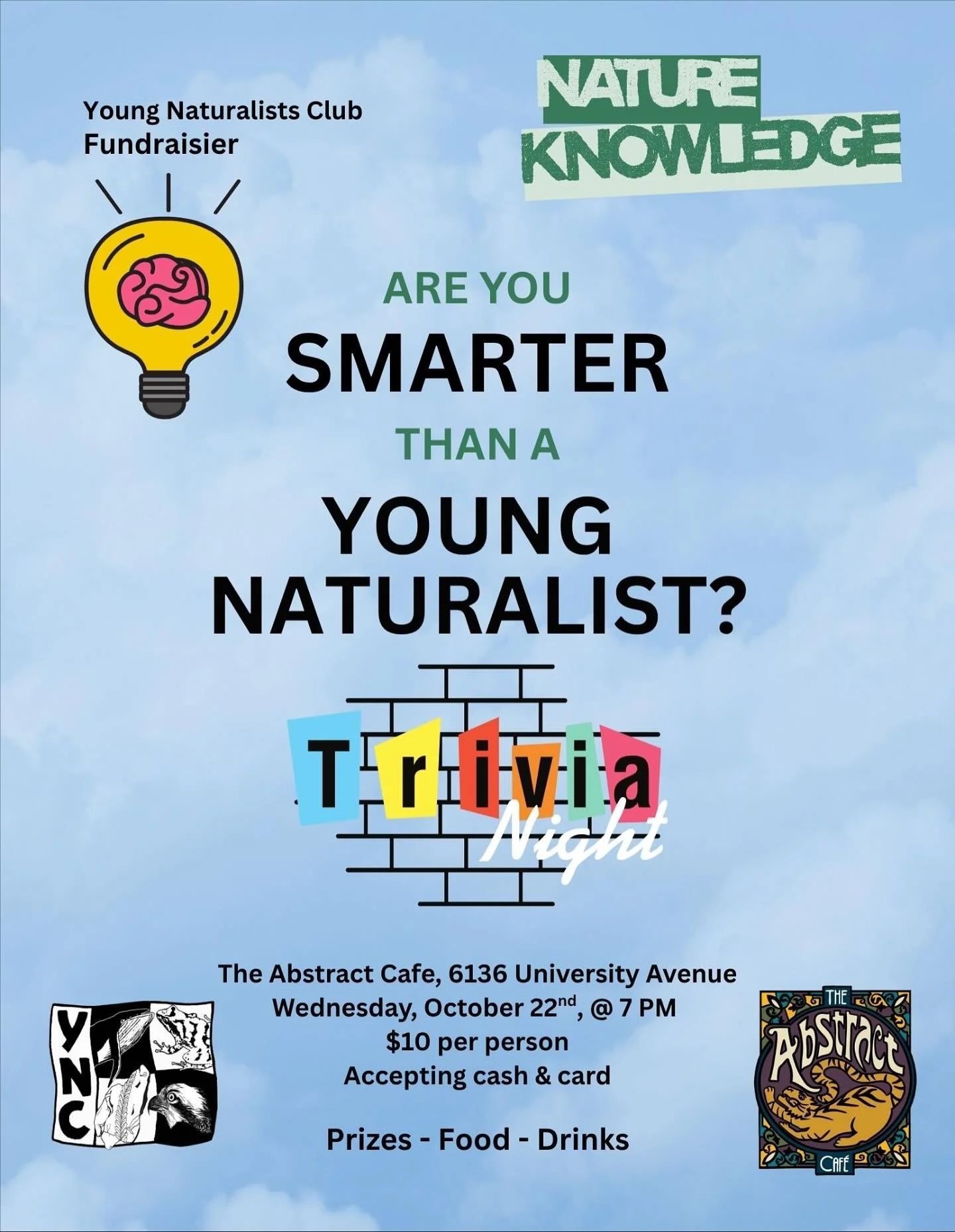 🌿🦉 Are You Smarter Than a Young Naturalist? 
Join us for a fun evening of team-based trivia all in support of the Young Naturalists Club (YNC)!
Test your nature knowledge, learn a few wild facts, and help us raise funds to keep getting kids outsid