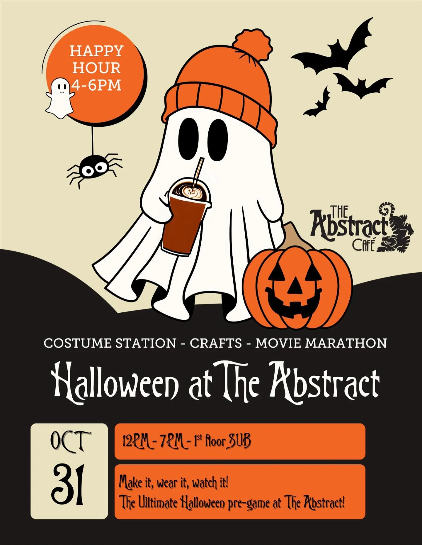 🕸️Ready for Halloween but caught costume-less? We’ve got you🎃
The Abstract will have all you need for last minute costume crafting, pre-gaming the night ahead, amidst a background of cult class Halloween movies!🎥 
It’ll be the ultima