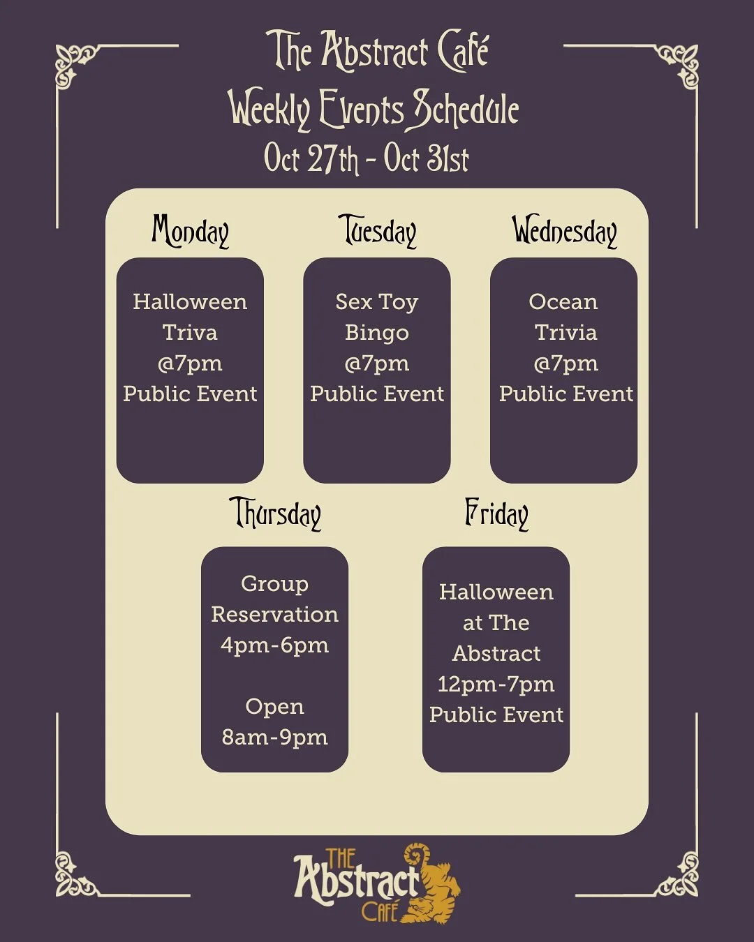 🎃It’s Halloweek at The Abstract! But don’t worry we’ve got something for everyone! Swipe through to see the line up of events happening this week!🕸️