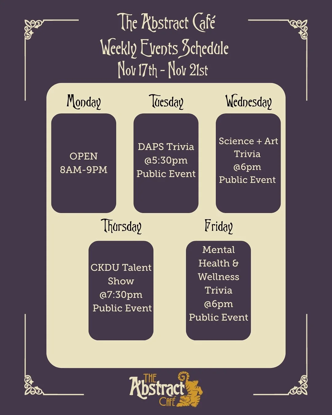 The Abstract is back with a packed week of exciting events! Swipe through to see what&rsquo;s happening!