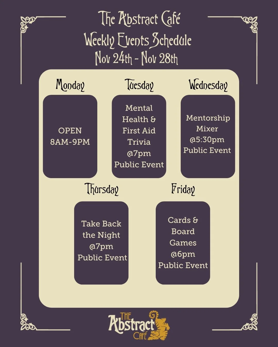 Check out The Abstracts weekly line up of events! Swipe through for more details!